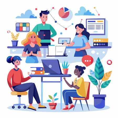 Diverse team of coworkers working together at office.のイラスト素材