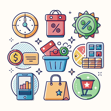 Colorful shopping icons set with clock, gift box, bag, discount, cart, phone, dollar and credit card.のイラスト素材