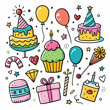 Hand-drawn doodle birthday party illustrations.のイラスト素材