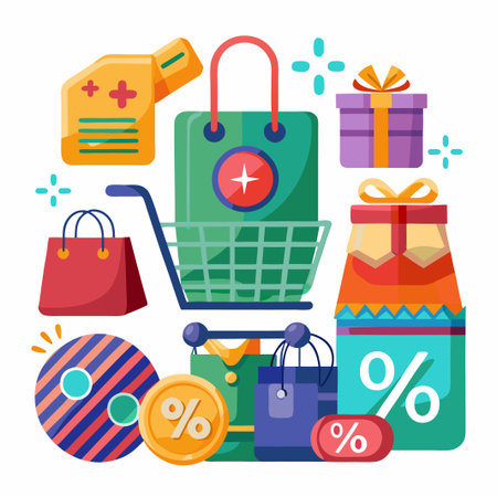 Shopping cart with gift boxes, shopping bags and discount signs.のイラスト素材