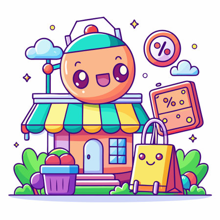 Cute cartoon shop with a smiling face, discount sign, and shopping bag in front.のイラスト素材