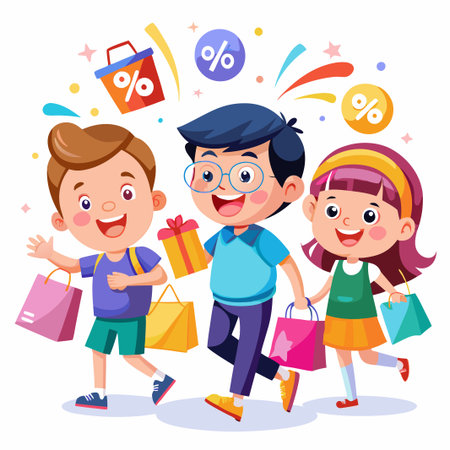 Happy kids with shopping bags celebrating a sale.のイラスト素材