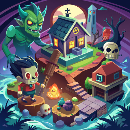 Fantasy game environment with a scary demon, spooky house, and a cute monster in a dark forest.のイラスト素材
