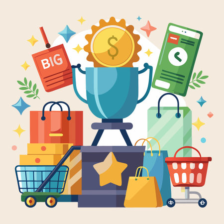 Shopping cart with a trophy, shopping bags, boxes and a star in the middle.のイラスト素材