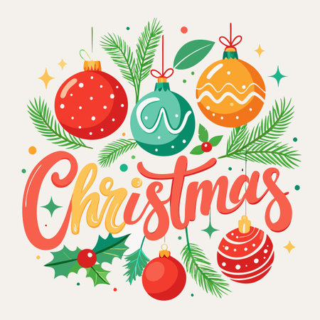 Christmas ornament decorations with pine branches and the word Christmas.のイラスト素材