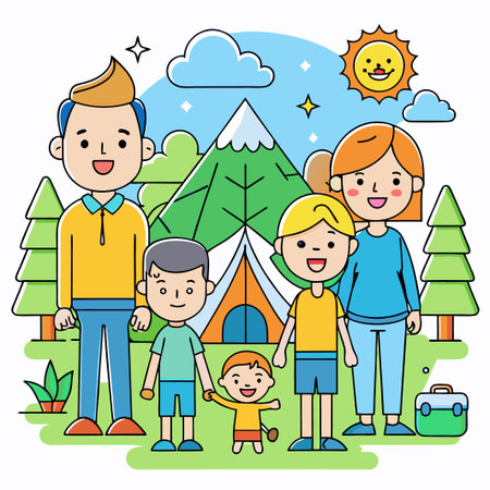 Happy family on camping trip, with tent, trees, sun and clouds.のイラスト素材