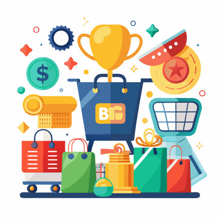 Illustration of shopping cart with gold trophy, shopping bags, and coins.のイラスト素材