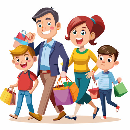 Happy family of four walking with shopping bags.のイラスト素材