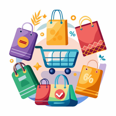 Colorful shopping bags with a shopping cart in the middle, surrounded by abstract shapes and symbols.のイラスト素材