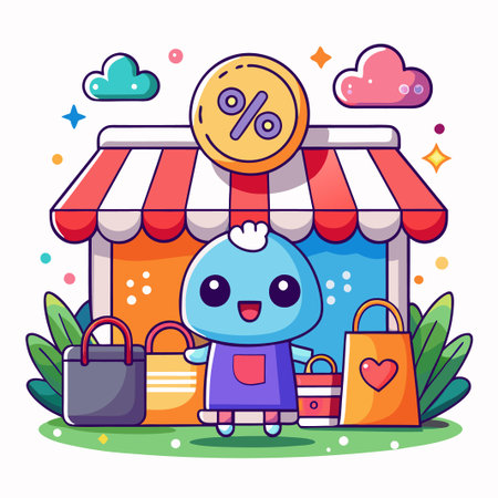 Cute cartoon character with shopping bags outside a shop.のイラスト素材