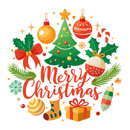 Festive Christmas illustration with tree, ornaments, gifts, and candy cane.のイラスト素材