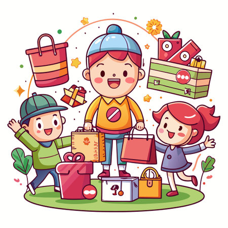 Happy cartoon kids holding shopping bags and gifts on a green grass background.のイラスト素材