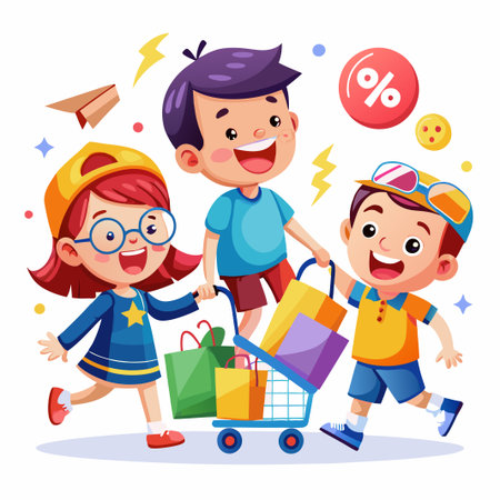 Three happy kids shopping with a shopping cart full of bags.のイラスト素材