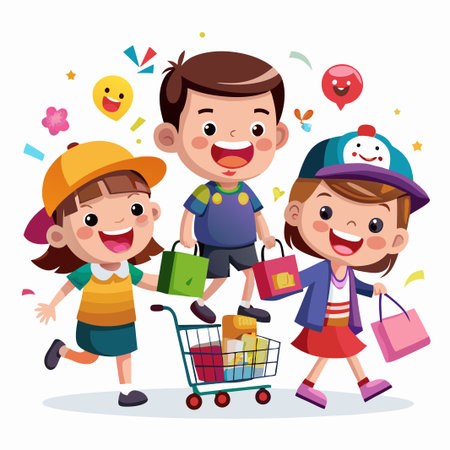 Three happy kids shopping together, pulling a shopping cart with various goods.のイラスト素材
