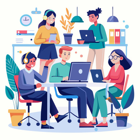Four diverse colleagues work together in an office setting.のイラスト素材