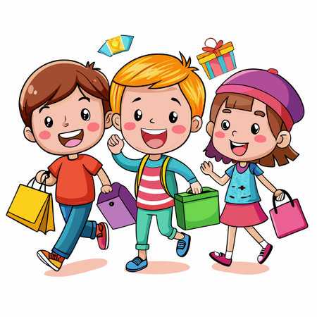 Three happy cartoon children carrying shopping bags and walking.のイラスト素材