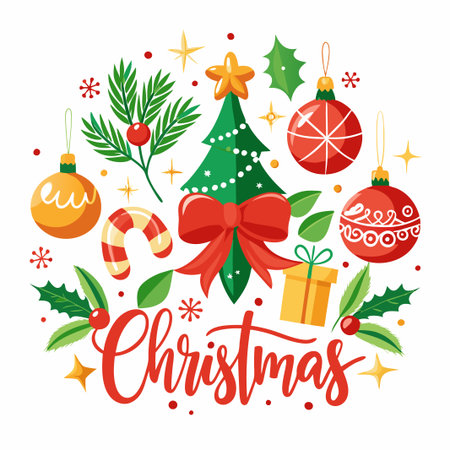 Christmas celebration with a decorated tree, ornaments, and candy cane.のイラスト素材