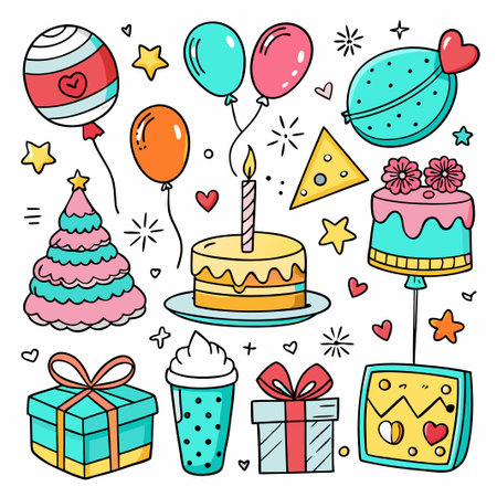 Colorful birthday doodle set with balloons, cake, gifts, and hearts.のイラスト素材