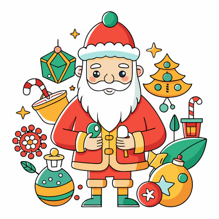 Cheerful Santa Claus holding Christmas ornaments.のイラスト素材