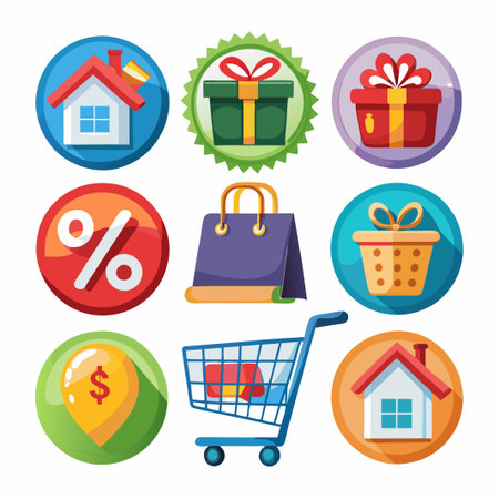 Nine colorful icons of shopping related items with long shadows on a white background.のイラスト素材