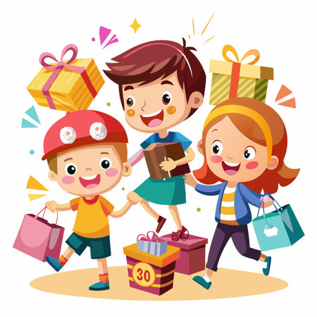 Three happy kids holding gifts and shopping bags.のイラスト素材
