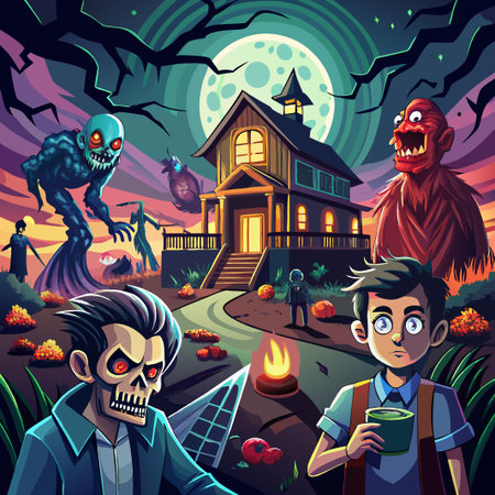 Boy with a cup of coffee in a spooky forest with monsters and a creepy house.のイラスト素材