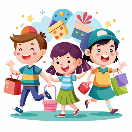 Three happy children with shopping bags and a bucket, walking together on a green path.のイラスト素材