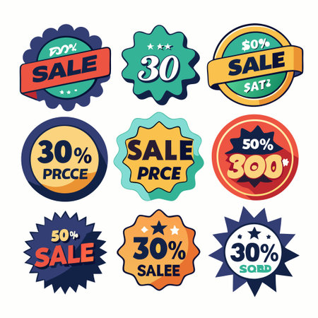 Set of nine colorful sale badges with different shapes and discount percentages.のイラスト素材