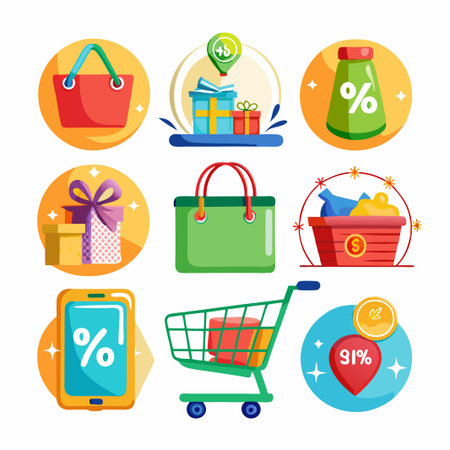 Set of shopping icons with discount and sale symbols.のイラスト素材