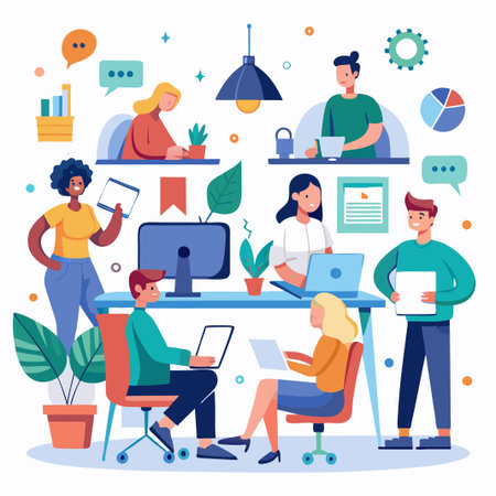 Diverse team of office workers collaborate on a project.のイラスト素材