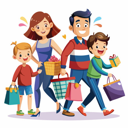Happy family with shopping bags and gift boxes.のイラスト素材