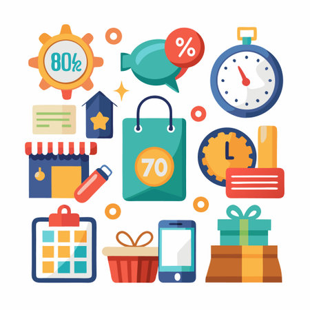 Colorful flat design icons related to online shopping, sales and discounts.のイラスト素材