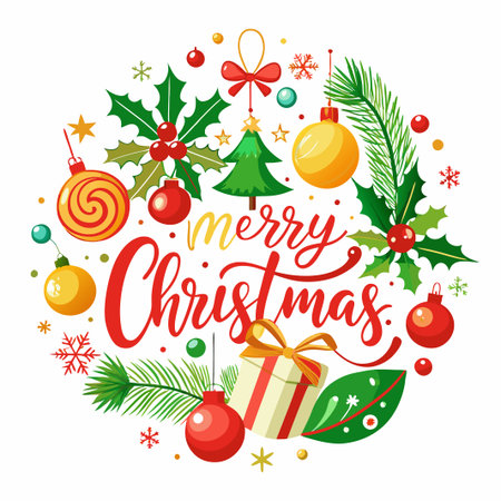 Merry Christmas greeting with ornaments, holly, and a gift.のイラスト素材