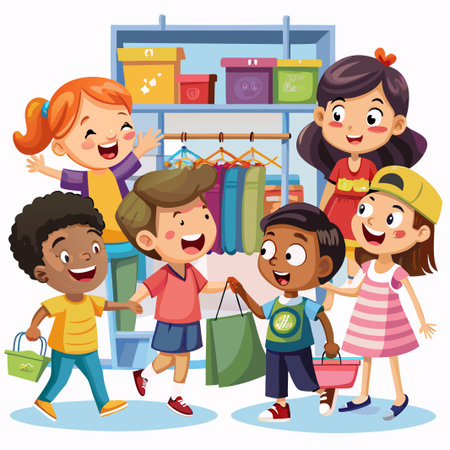 Happy Children Shopping Together at Clothing Store.のイラスト素材