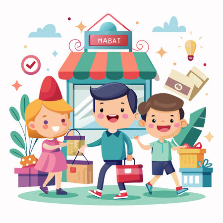 Three happy children leaving a store with gifts in hand.のイラスト素材