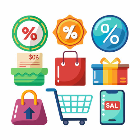 Colorful shopping icons with discount symbols, gift boxes, shopping bags, and a mobile phone.のイラスト素材