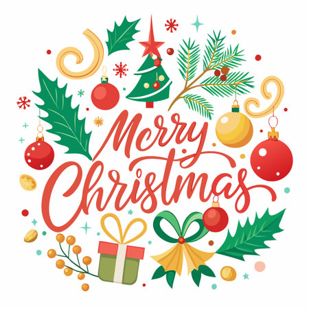 Merry Christmas greeting with ornaments, holly, and a gift.のイラスト素材