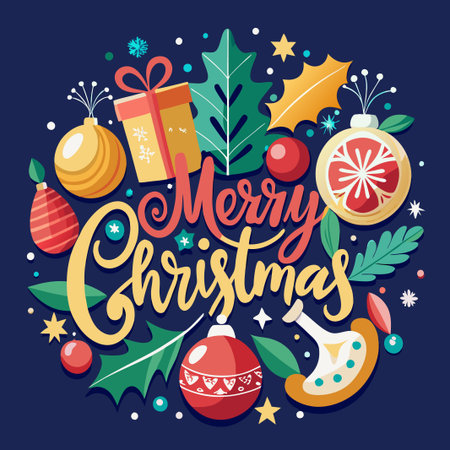 Merry Christmas card with colorful ornaments, gift, holly leaves, and stars on a dark blue background.のイラスト素材