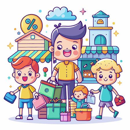 Cartoon children shopping with gift boxes at shops with discounts.のイラスト素材
