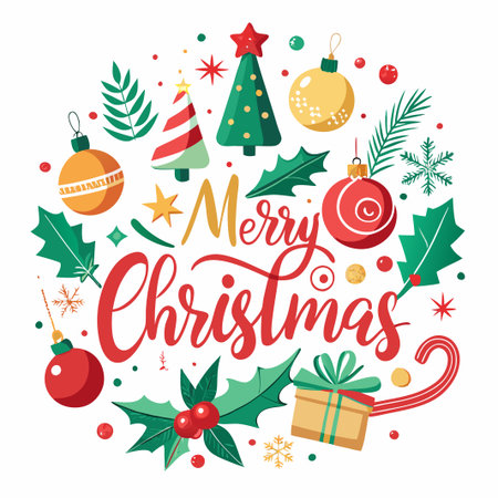 Merry Christmas greeting card with festive decorations like ornaments, trees, holly, and a gift.のイラスト素材