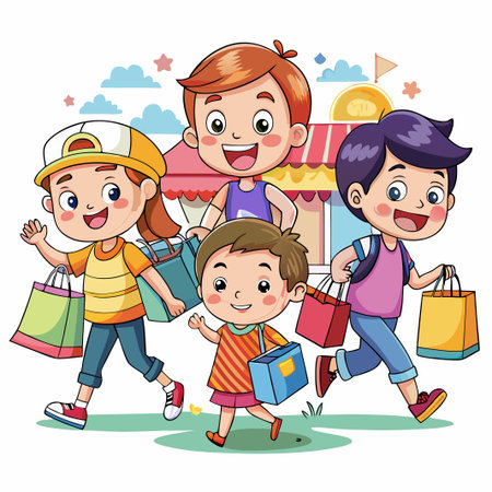 Happy kids with shopping bags after a day of shopping.のイラスト素材