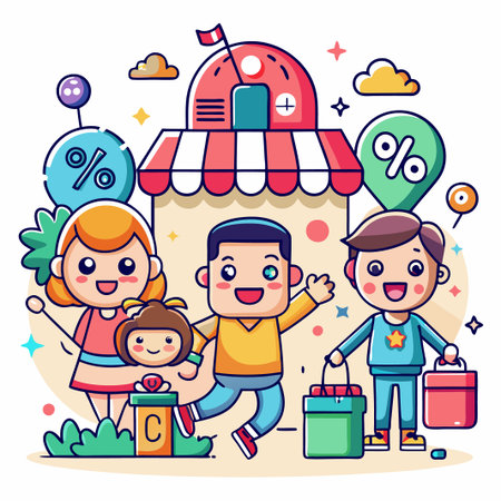 Happy cartoon characters shopping at a store with big discounts.のイラスト素材