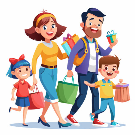 Happy Family of Four Shopping Together with Bags and Gifts.のイラスト素材