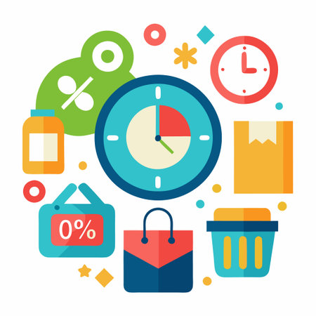 Colorful flat design icons of discount, shopping, delivery and time.のイラスト素材
