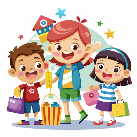 Three smiling children holding shopping bags and toys.のイラスト素材
