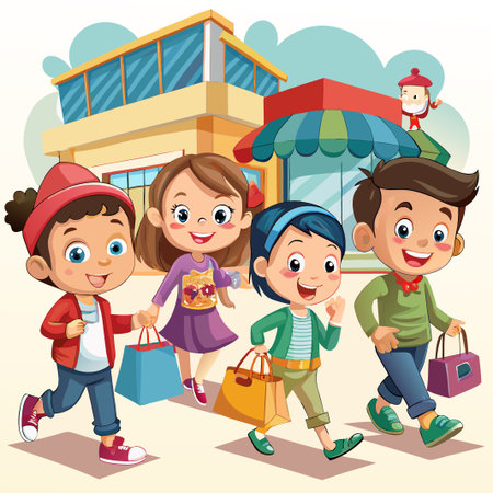 Four kids walking out of a store with shopping bags.のイラスト素材