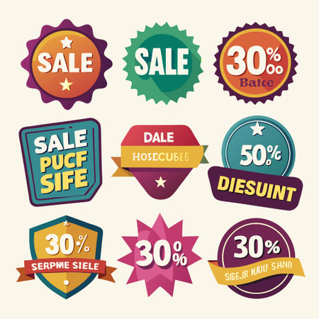 Set of nine colorful sale tags and labels with different shapes and designs.のイラスト素材