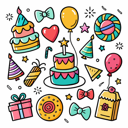 Colorful doodle birthday party elements.のイラスト素材
