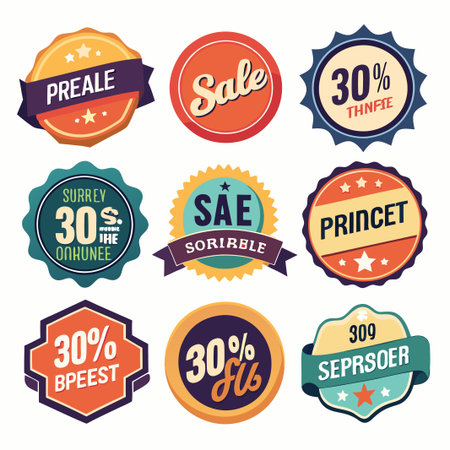 Nine colorful round and hexagonal badges with different text and numbers.
