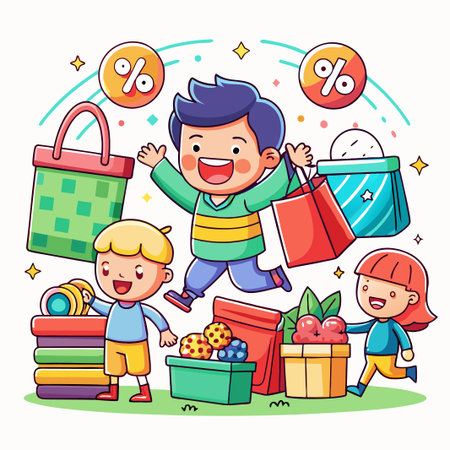 Three cartoon children happily shopping with discount signs.のイラスト素材